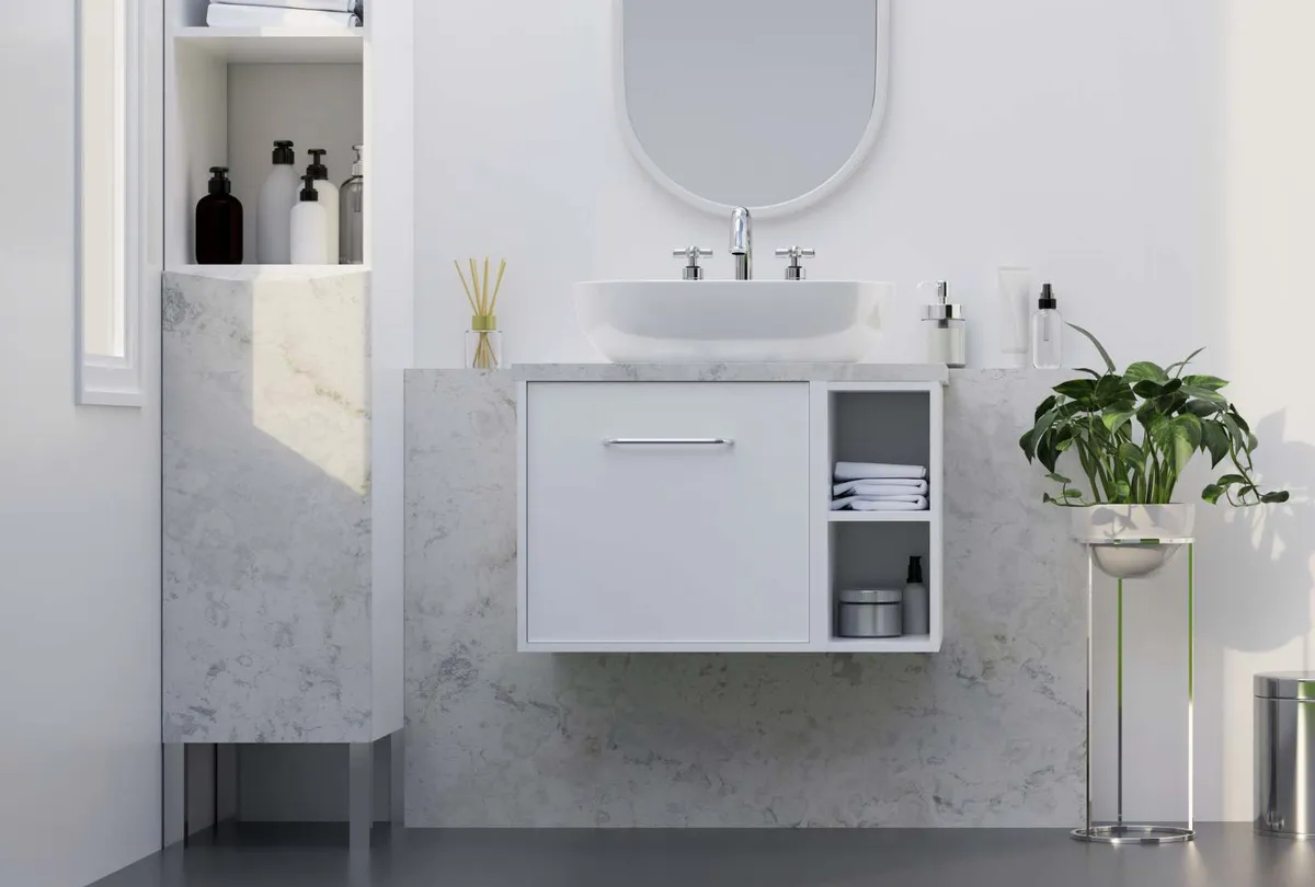 Modern stylish marble bathroom with toilet bowl, bathroom
