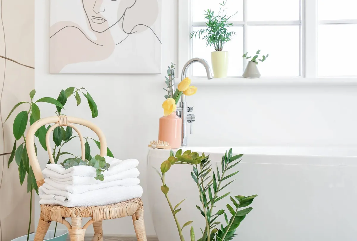 Bathtub and Plants in Bathroom